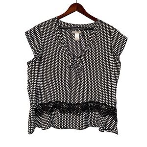Worthington Blouse Womens XL Petite Black Polka Dot Ruffle Lace Dark Academia
